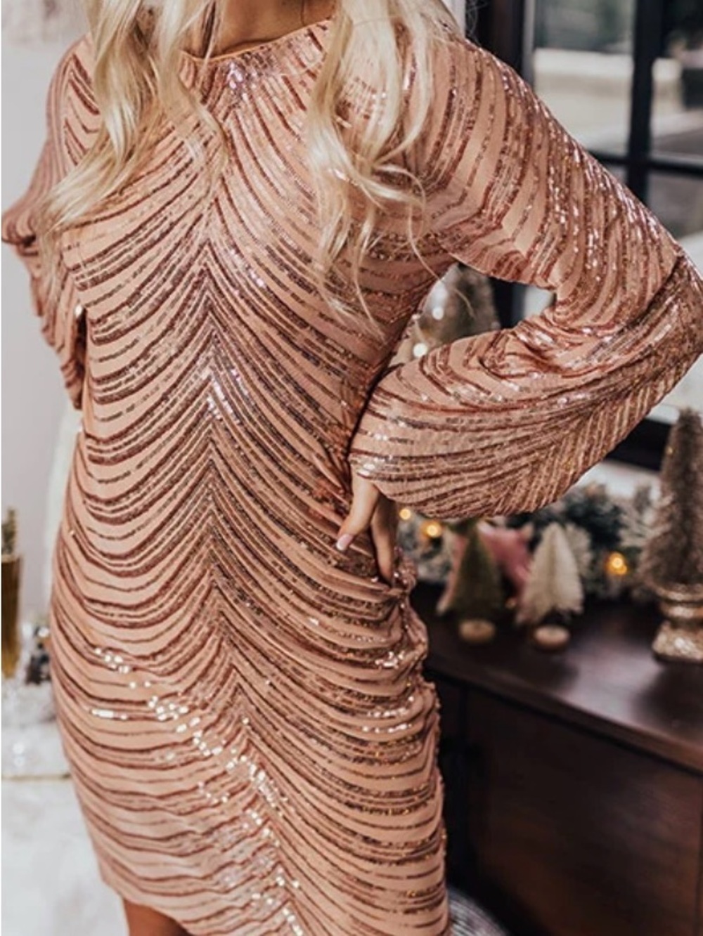 Sequin Chevron Long-Sleeve Mini Dress in Rose Gold